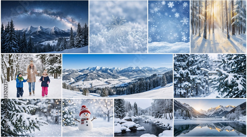 Beautiful collection of winter landscape scenes featuring snowy mountains forests frozen lakes and happy families enjoying the cold season weather