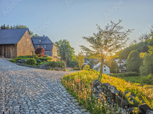 Tableau sur toile Cobblestone driveway leading through a rural property during sunset