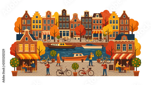 Tableau sur toile Amsterdam Canal Scene: An idyllic autumn scene unfolds along a charming canal in Amsterdam, featuring traditional Dutch houses, colorful foliage, and people enjoying the vibrant city atmosphere