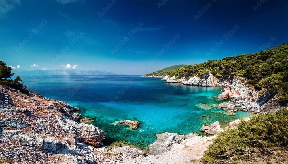 Obraz premium The Barren Greek Coastline Meets The Vivid And Clear Waters Of The Adriatic Sea