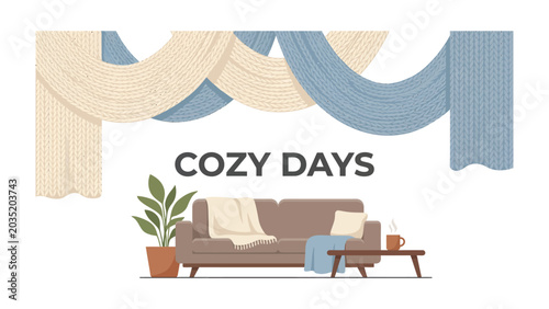 Fényképezés Cozy Days Ahead: Relax in comfort with this inviting illustration of a living room scene featuring a plush sofa, draped blankets, a steaming mug, and a potted plant, all under soft, flowing curtains