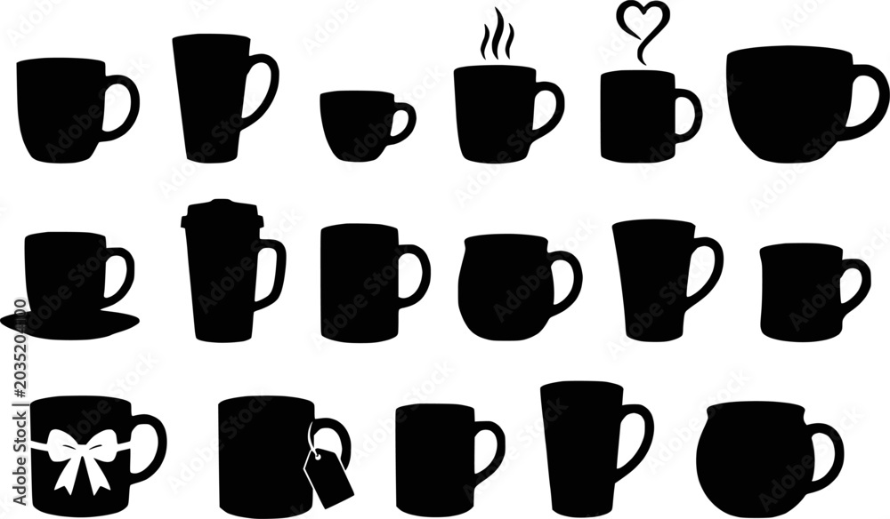 Obraz premium Coffee mug silhouettes vector icon set isolated