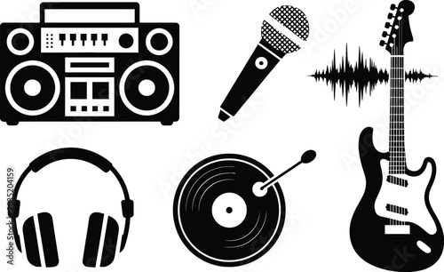 Audio equipment icon collection featuring vintage boombox microphone vinyl record and guitar equipment microphone headphones frequency recording collection silhouette entertainment