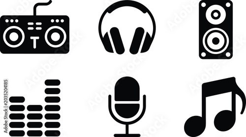 Bilde på lerret Set of music studio and audio production icons including dj deck headphones and