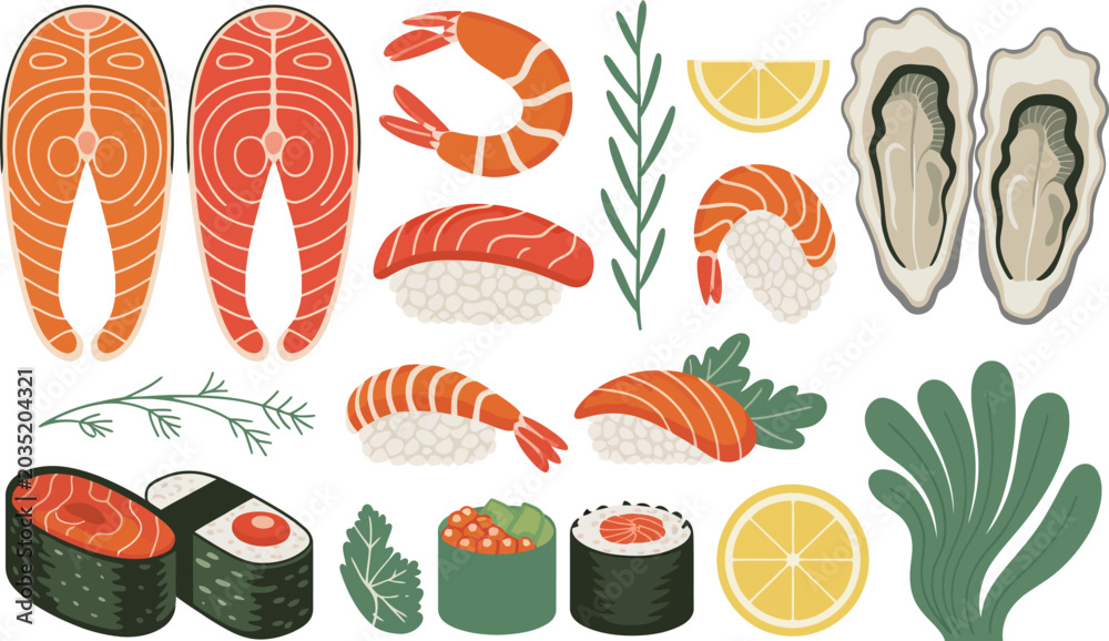 Αυτοκόλλητο Set of various fresh seafood and sushi ingredients flat illustrations with japan