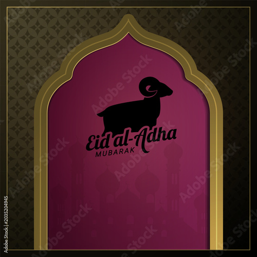 Foto Elegant Eid al Adha Mubarak background featuring black sheep silhouette, golden Islamic arch frame, mosque silhouette, and dark ornamental geometric pattern with luxury magenta gradient