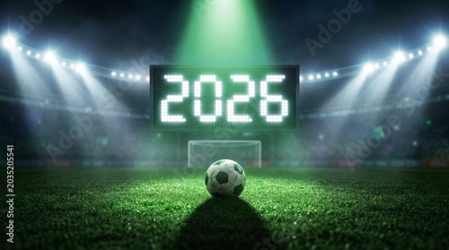 Soccer stadium field with 2026 scoreboard, ball on green grass, bright lights.