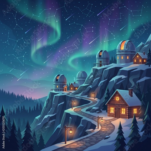 Cozy Mountain Village at Night with Aurora Borealis and Snowy Landscape
