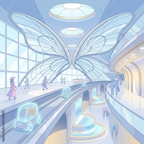 Giant Metallic Butterfly Sculpture in Modern Glass Atrium with Reflective Lighting