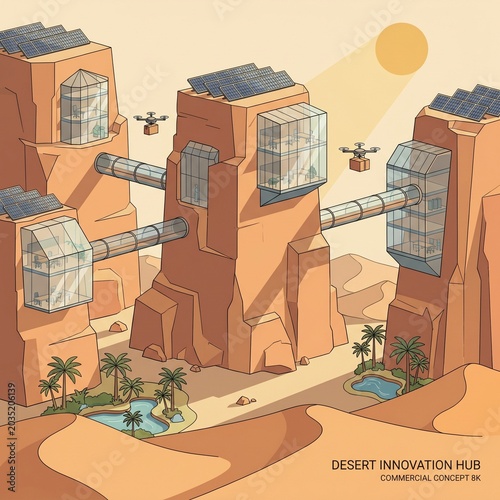 Futuristic Desert Cityscape with Elevated Walkways and Solar Energy at Dusk