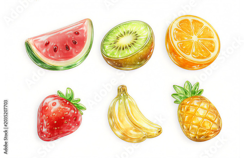 set of fruits isolated, glass effect