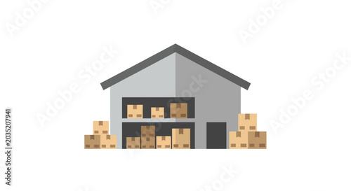 A gray warehouse with stacked boxes.