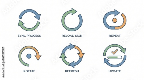 Cycle icons illustrating sync, reload, repeat, rotate, refresh, and update processes with colorful arrows symbolizing digital renewal and continuity.