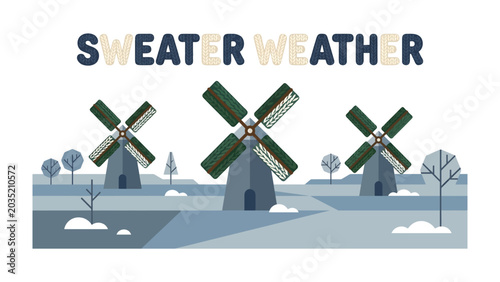 Canvastavla Sweater Weather Windmills in a Snowy Landscape: Three charming windmills stand stoically amidst a serene, snow-covered landscape, embodying the crisp, cool essence of sweater weather