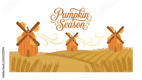 Canvastavla Harvest Time Windmills: Whimsical pumpkins transformed into charming windmills dot a golden wheat field, celebrating the essence of autumn and the abundance of harvest season