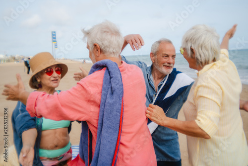 Canvastavla Happy senior friends reuniting and embracing on beach
