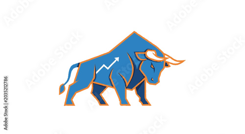 Charging blue bull mascot with financial growth line.