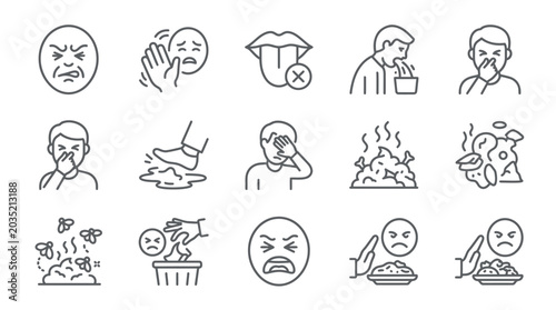 Quadro su tela Set of linear pictograms depicting discomfort nausea and unpleasant reactions