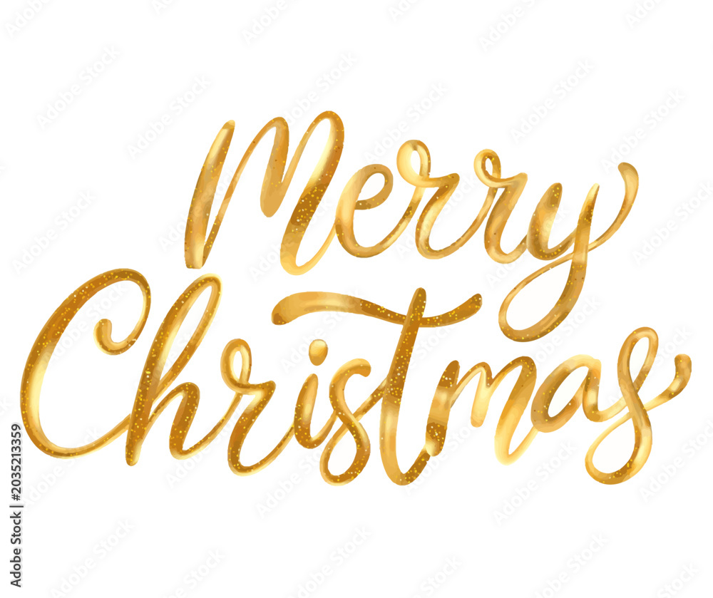 Fototapeta premium Golden cursive text reading 'Merry Christmas' on a white background, with a festive and joyful mood.