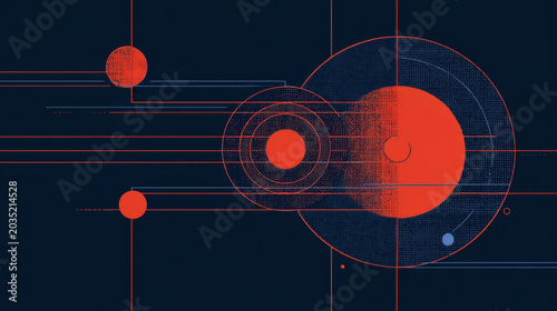 Minimalist abstract digital art background with geometric orange circles and intersecting lines on a dark blue canvas creating a modern technology concept map diagram or network illustration