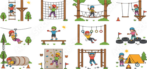 Fotografía Kids active outdoor adventure park obstacle course with climbing wall zipline an