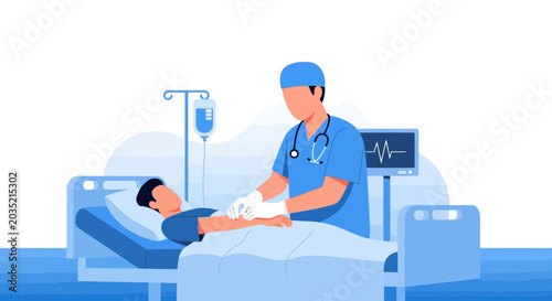 Doctor examines patient in hospital bed, medical care concept