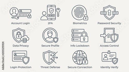 Cybersecurity Icons Representing Digital Security Concepts.