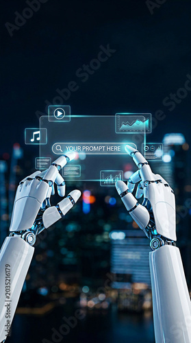 Advanced robotic hands interacting with a glowing digital interface featuring search bar and data charts