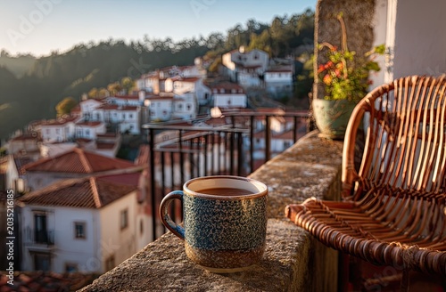 Rustic balcony view with coffee and Mediterranean village at sunrise