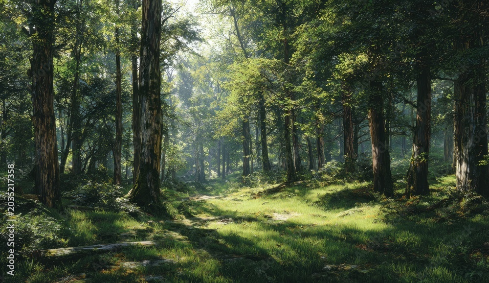 Fototapeta premium Sunlit forest path, dappled light through ancient trees, verdant undergrowth