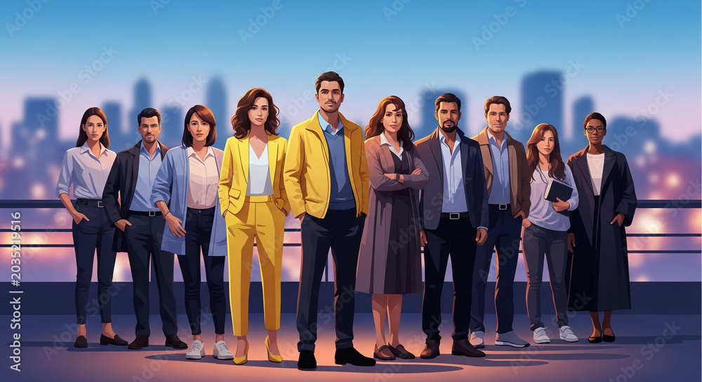 Obraz premium Diverse group of professionals standing together against a cityscape, symbolizing teamwork, corporate success, and urban ambition.