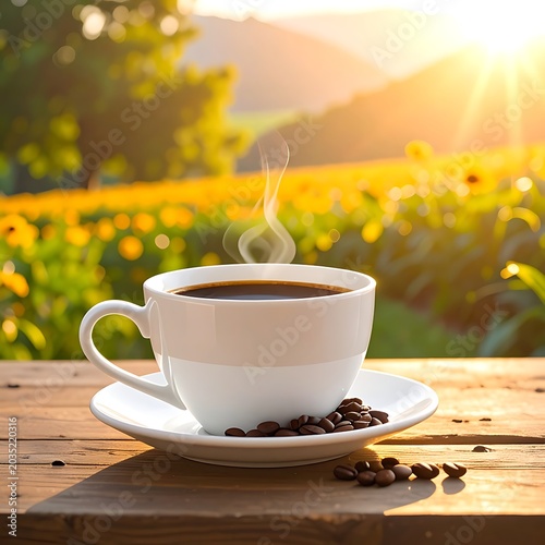 A cup of coffee on a rustic table amidst a serene natural landscape