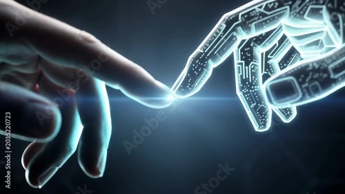 Human hand reaching out to touch glowing digital robotic hand symbolizing technology connection and innovation