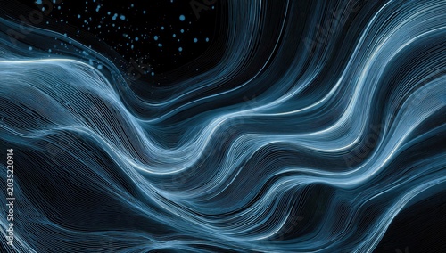 Flowing luminous blue energy waves with sparkling particles on a dark background