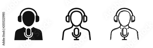 Quadro su tela Podcaster and Radio Host Icons Set with Person Wearing Headphones and Microphone