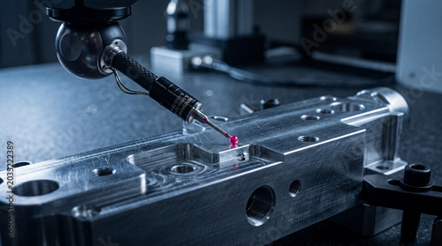 High precision coordinate measuring machine probe inspecting a metallic component in a factory.