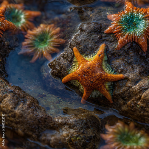Seamless rocky tide pool pattern with sea stars