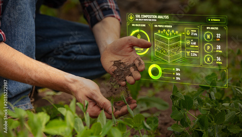 Konstfotografi Soil composition analysis hologram with farmer testing earth sample