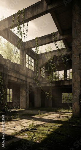Abandoned Building with Broken Windows and Overgrowth.