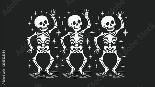 Foto Dancing skeletons illustration with white celestial stars on dark background for halloween
