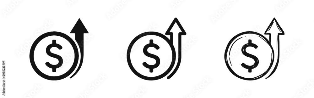 Fototapeta premium Financial growth icon with dollar coin and upward arrow, profit increase concept.