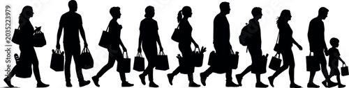 Tableau sur toile Silhouette Collection of Shoppers Walking with Shopping Bags Isolated on Gray Ba