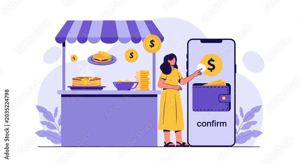 Fototapeta premium Woman making contactless payment for street food purchase via mobile app