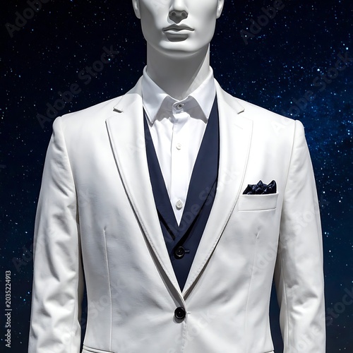 A mannequin wearing formal white and navy blue evening wear