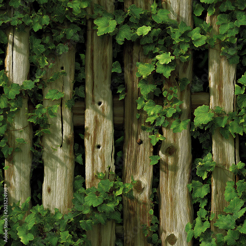 Climbing ivy on rustic plank fence seamless background