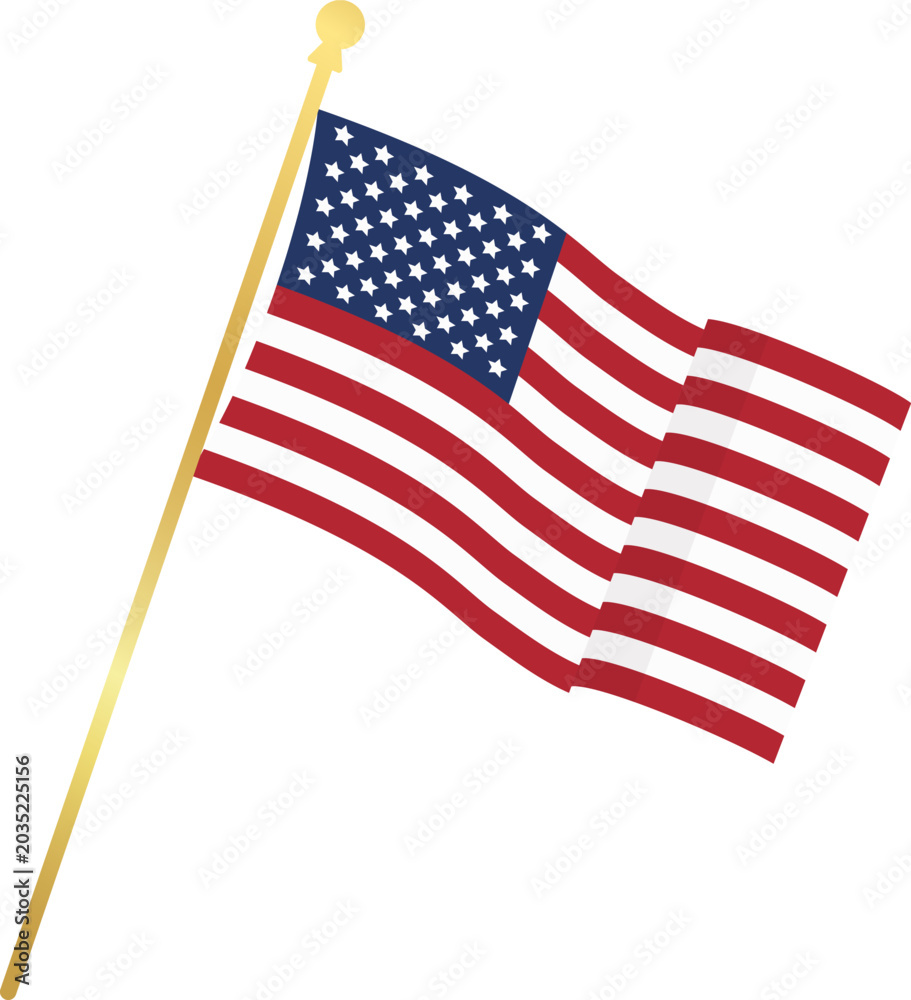 Fototapeta premium American Flag Illustration With Waving USA Flag On Gold Flagpole For Independence Day Designs