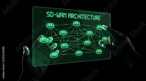Futuristic SD-WAN Architecture Displayed on Transparent Screen with Hands Interacting.