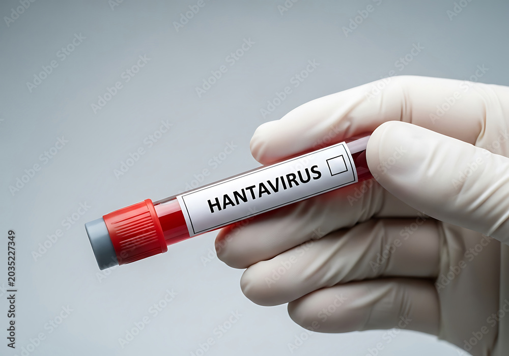 Obraz premium Medical professional holding a blood sample tube labeled Hantavirus for laboratory testing