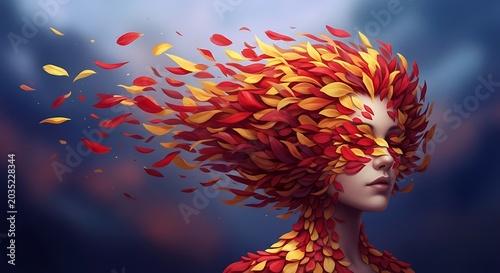 Woman With Leaves Blowing From Hair in Windy Scene.