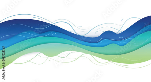 Fluid abstract waves in blue and green flowing across a light background design.